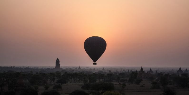 Bagan Temples - silhouette of hot air balloon during sunset